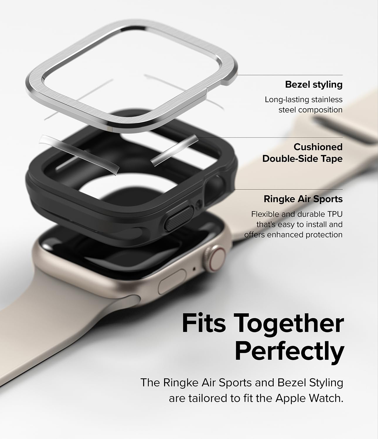 Ringke Air Sports + Bezel Styling for Apple Watch Series 9, 8, 7 (45 mm), SE 3, 2, 1 (44 mm) Case, TPU Cover with Stainless Steel Frame - Black / 30 - Image 3