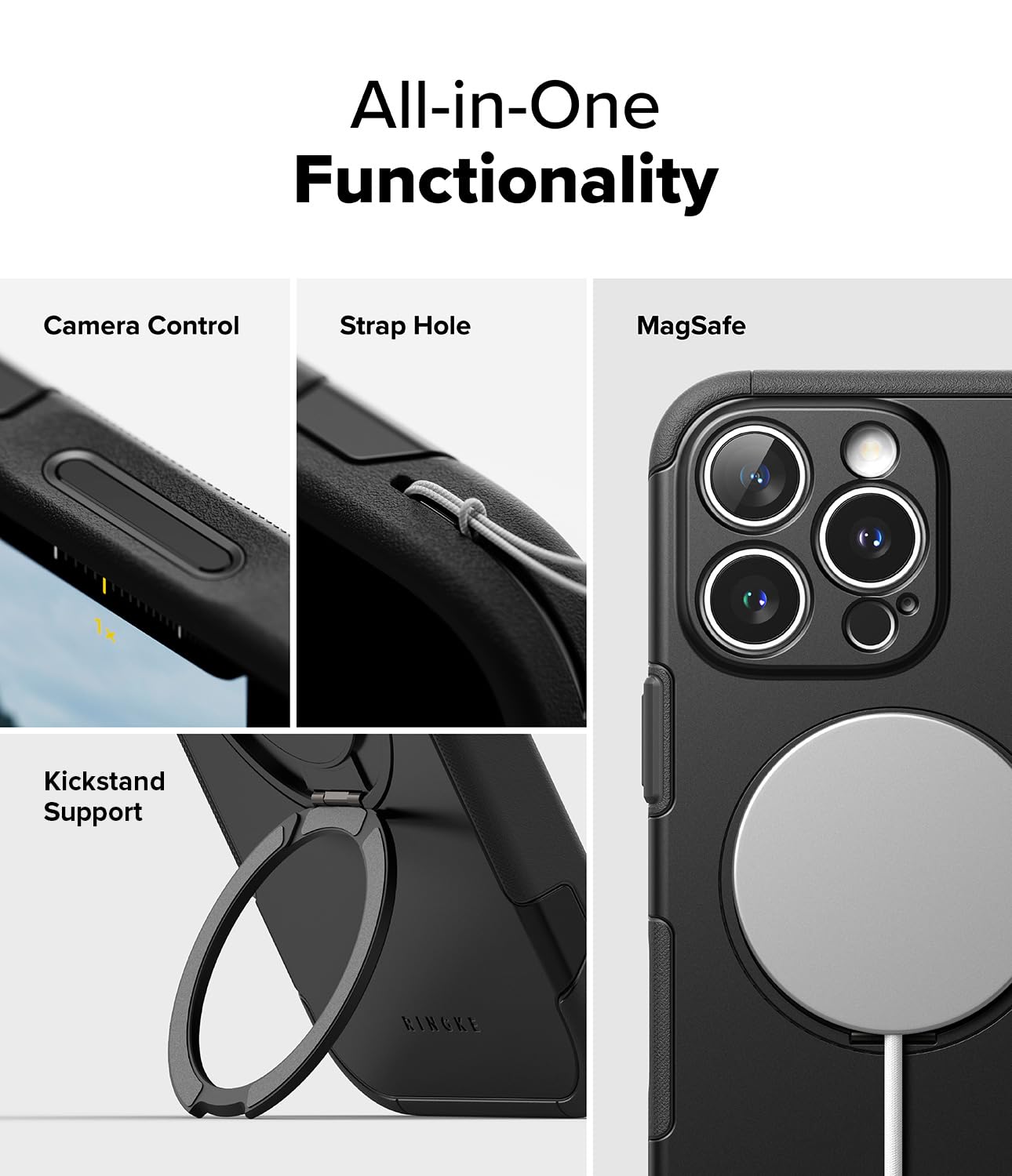 Ringke Alles [Compatible with MagSafe] Designed for iPhone 16 Pro Case, Shockproof Cover with 360° Rotating Kickstand, Powerful Magnet Camera Control Capture Button - Black - Image 3