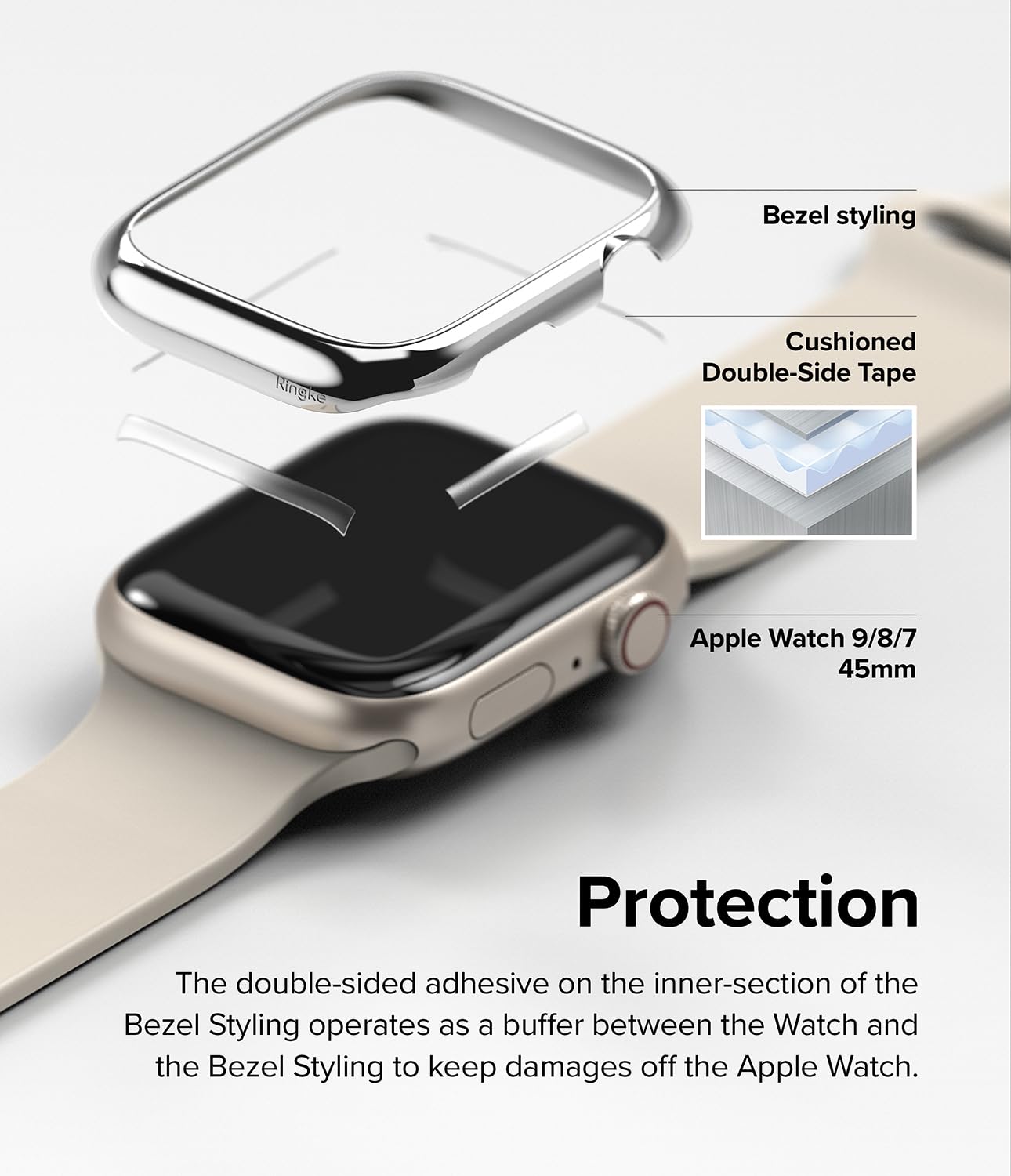 Ringke Bezel Styling [Stylish Stainless Steel Frame] Compatible with Apple Watch Series 9, 8, 7 Case (45mm), Anti Scratch Protector Adhesive Cover Accessory - Silver (45-01) - Image 6