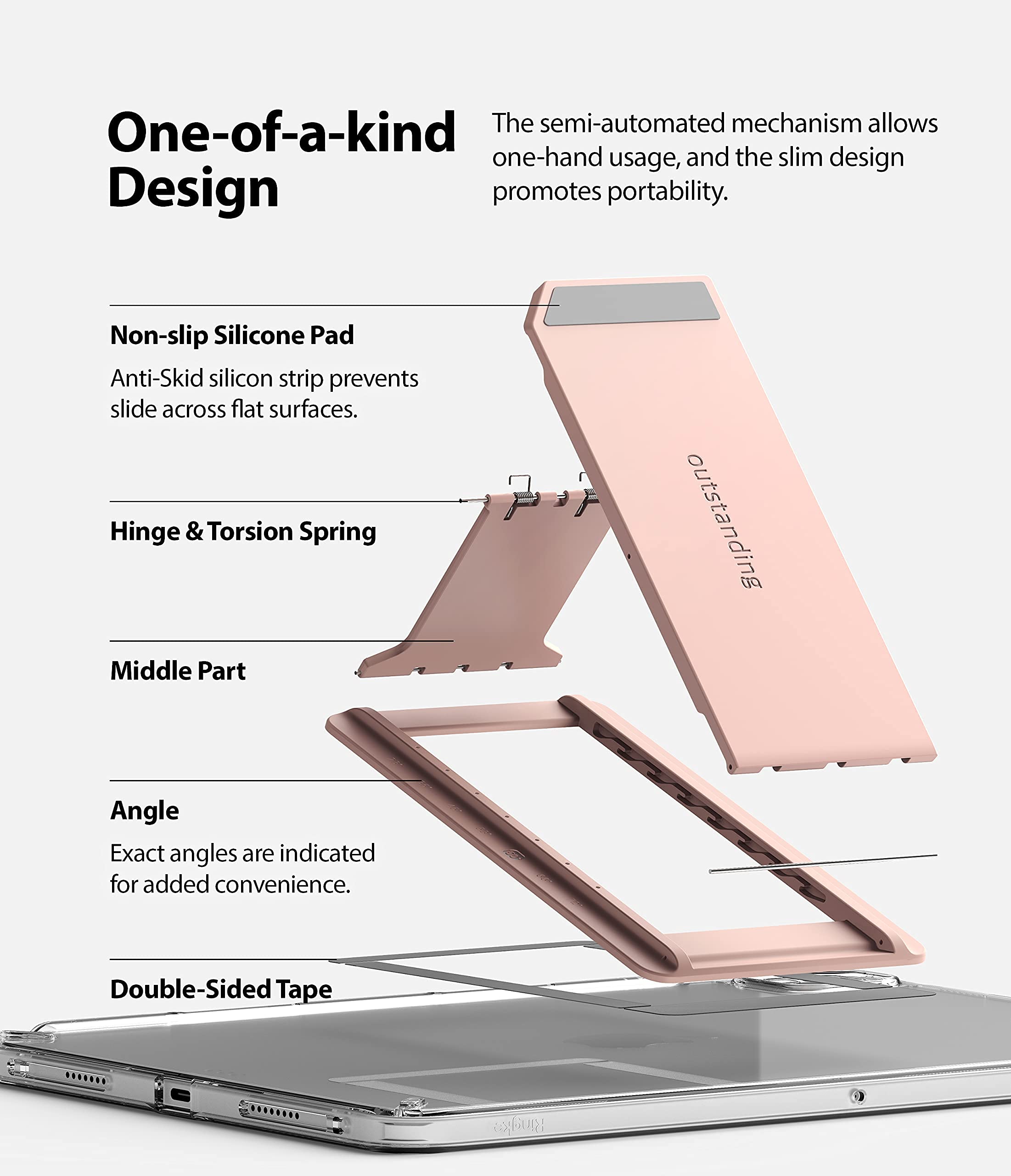 Ringke Outstanding Universal Tablet Stand Spring-Action Kickstand Multi Angle Adhesive Attachment for iPad Tablets, E-Reader, and More - Peach Pink - Image 4