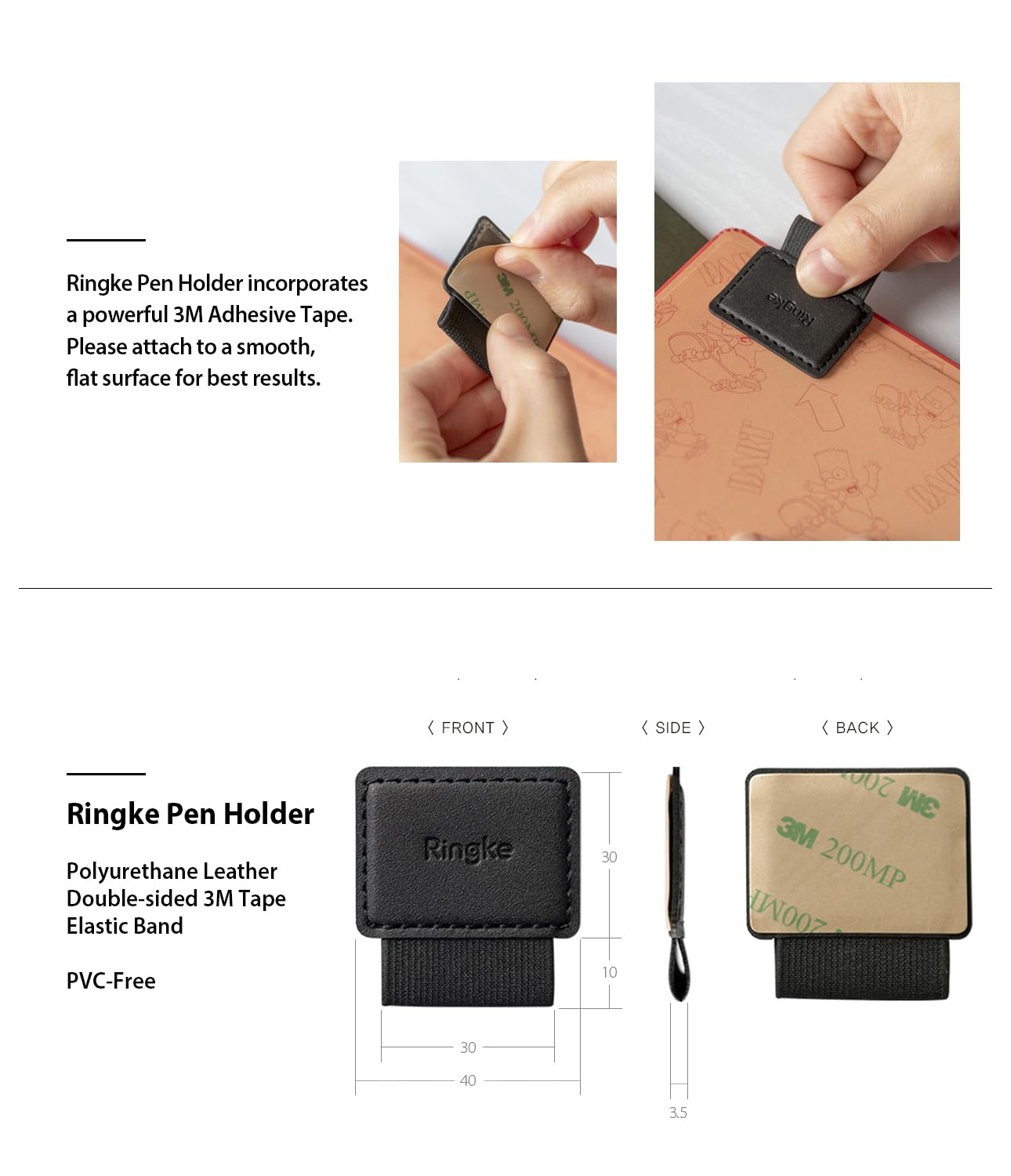 Ringke Pen Holder for Apple Pencil, Journal, Notebooks, and More - 3M Self Adhesive PU Leather Durable Pen Loop with Elastic (3 PACK) - Black - Image 3