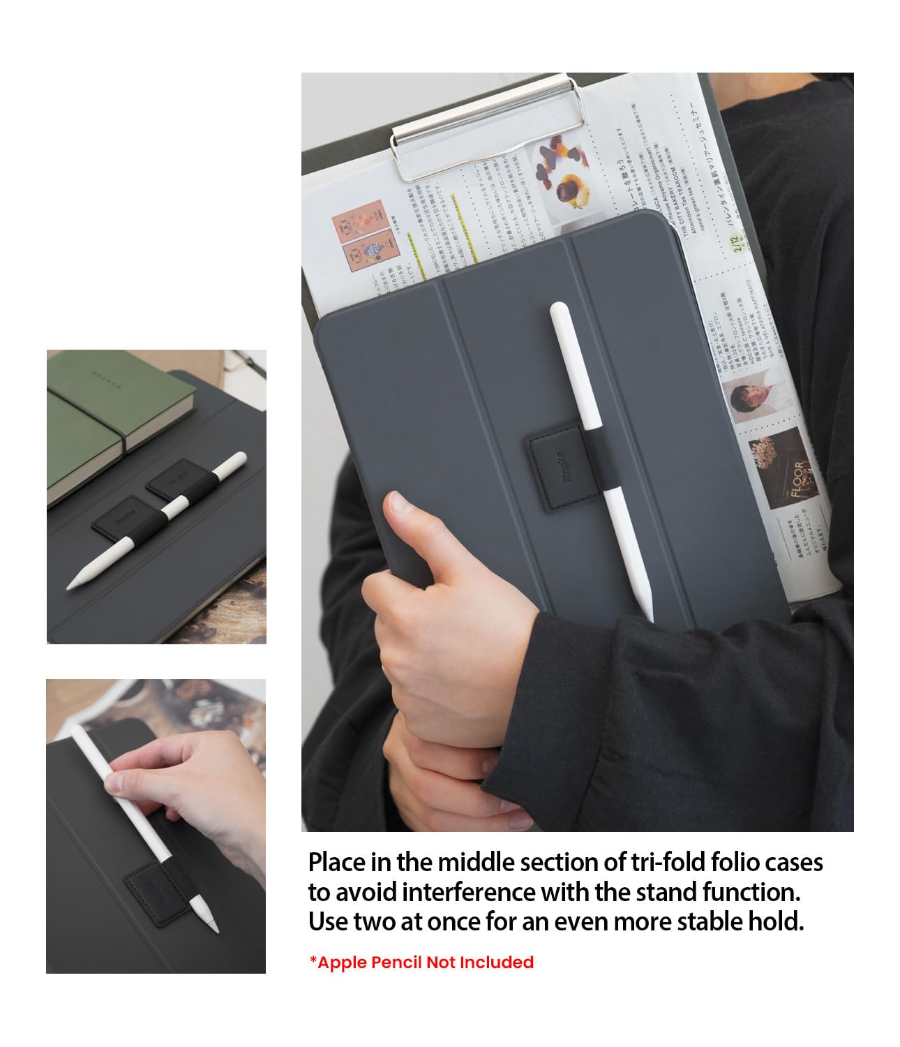 Ringke Pen Holder for Apple Pencil, Journal, Notebooks, and More - 3M Self Adhesive PU Leather Durable Pen Loop with Elastic (3 PACK) - Black - Image 4