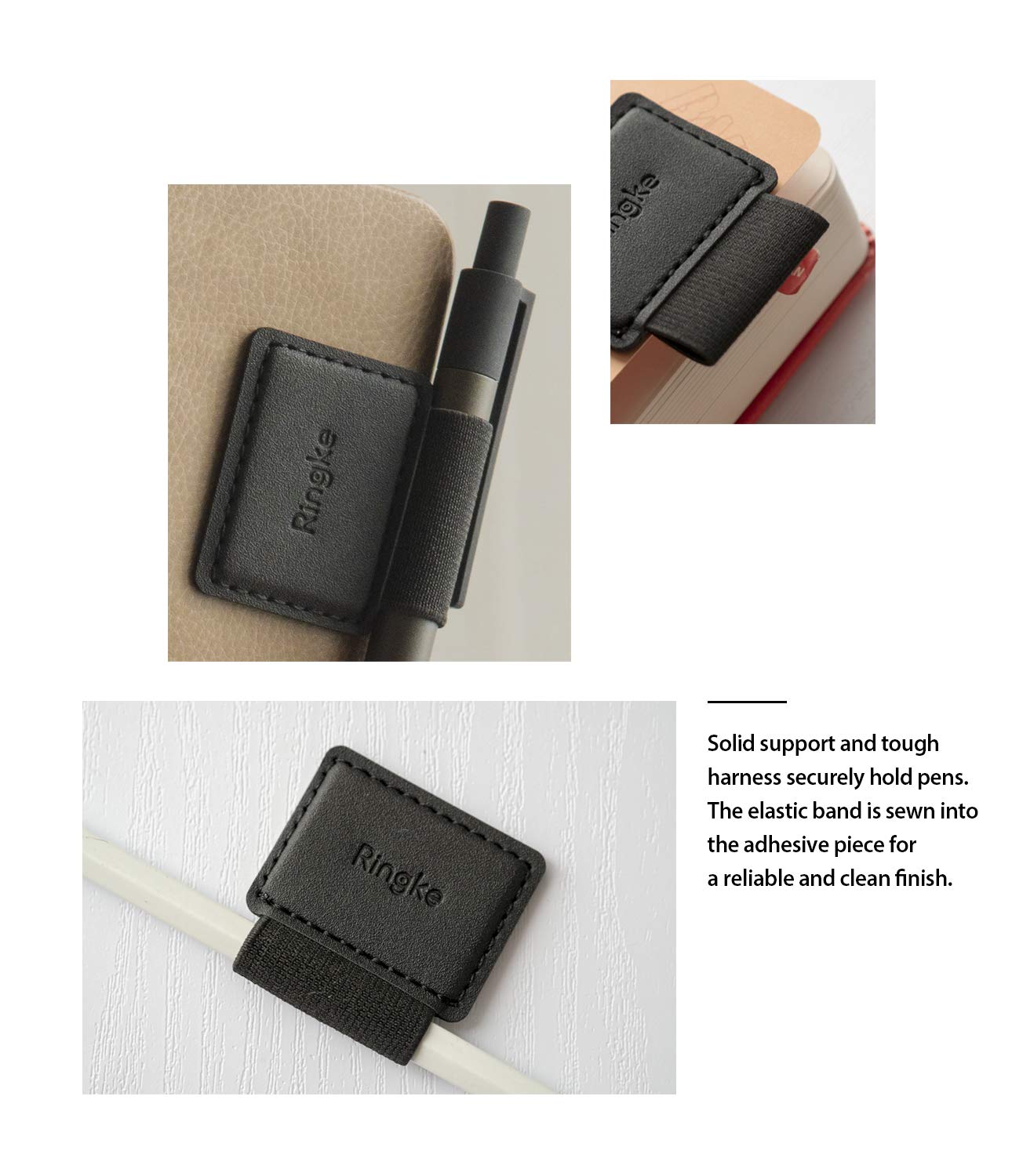 Ringke Pen Holder for Apple Pencil, Journal, Notebooks, and More - 3M Self Adhesive PU Leather Durable Pen Loop with Elastic (3 PACK) - Black - Image 6