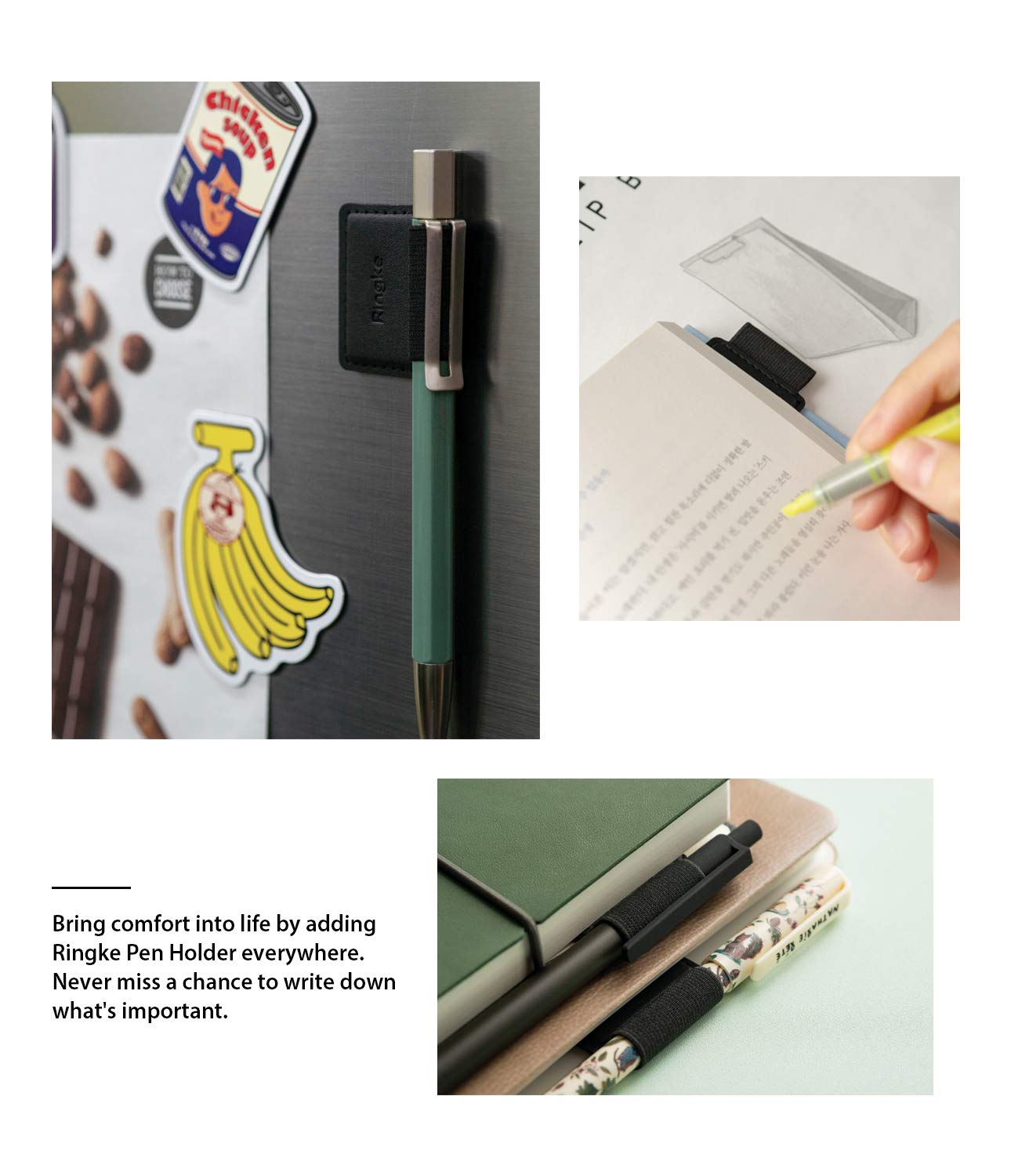 Ringke Pen Holder for Apple Pencil, Journal, Notebooks, and More - 3M Self Adhesive PU Leather Durable Pen Loop with Elastic (3 PACK) - Black - Image 8